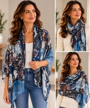 Floral Paisley Scarf 70"x28" Navy Blue Flower Print Shawl 100% Polyester EXC